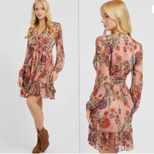 Guess Eco Brigida Chiffon Flare Dress with Floral Pattern